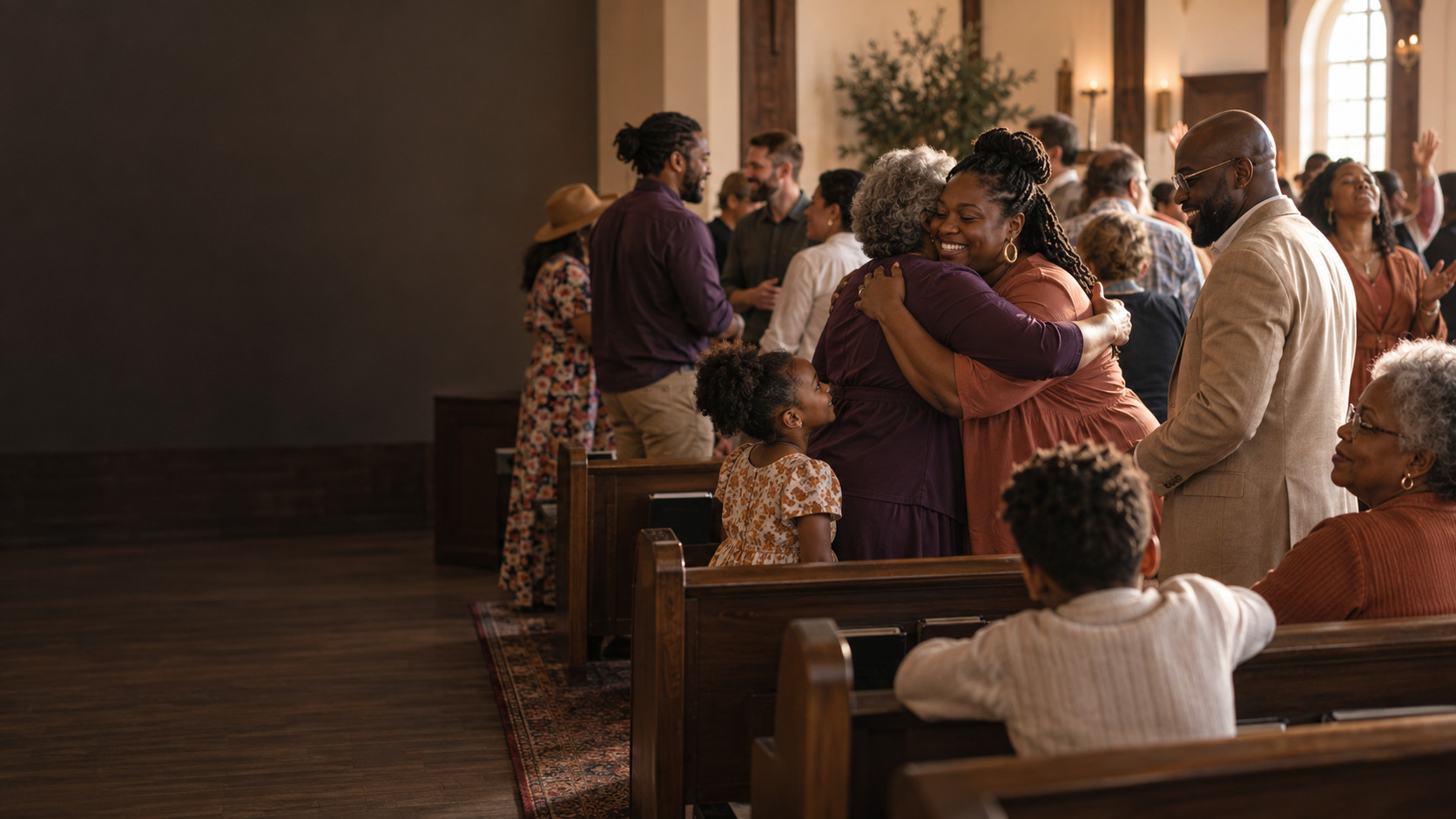 A warm, multigenerational church community welcoming one another